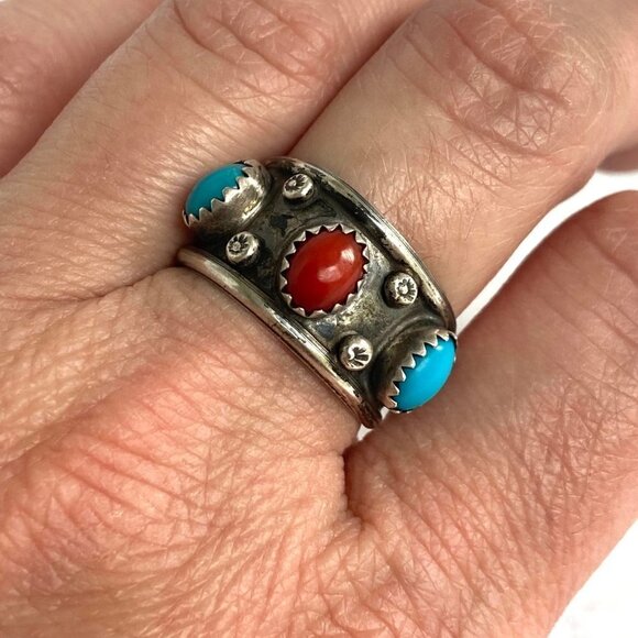 VTG Sterling Silver 925 Southwest Style Turquoise Coral 3 Stone Wide Band Ring - Picture 4 of 16